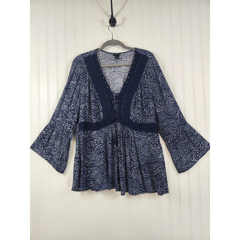 Torrid Navy White Paisley Lace Up Tassel Bell Sleeve Babydoll Top Size Large